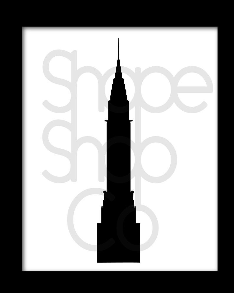 May include: Black silhouette of the Empire State Building against a white background.