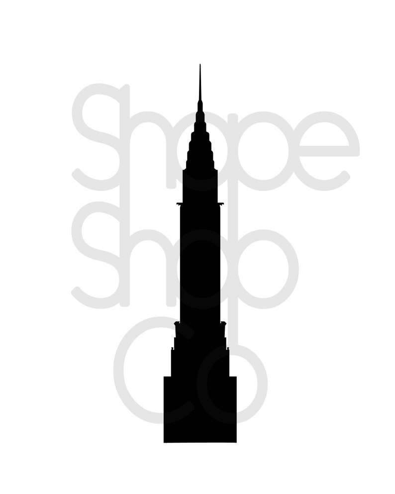 May include: Black silhouette of the Empire State Building, a famous skyscraper in New York City.