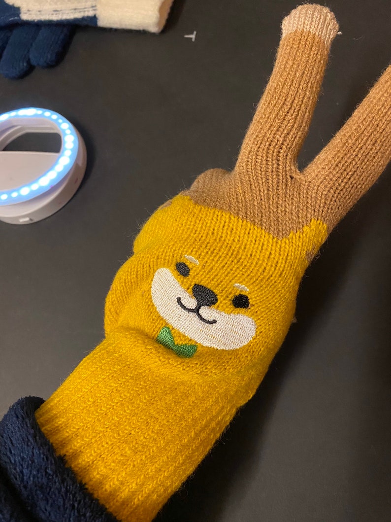 Kawaii white Japanese spitz Eskimo bichon shiba inu dog puppy winter touchscreen cosy mittens gloves wool