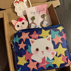 Mignon bonnie tabby blanc chat miaou chat dame amant mama panier cadeau boîte aux lettres funky ondes positives bénédiction