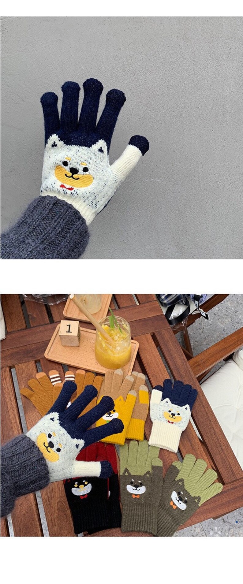 Kawaii white Japanese spitz Eskimo bichon shiba inu dog puppy winter touchscreen cosy mittens gloves wool