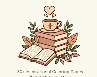 May include: A coloring book titled Faith Through Fire: A Christian Coloring Book for Women by Graylee Danner Designs. The cover features an illustration of a stack of books, an open book, a coffee cup with a cross, and leaves in muted tones.