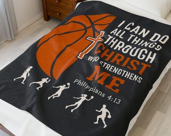 Inspirational Basketball Velveteen Plush Blanket - Cozy Christian Throw for Sports Fans, Bible Verse Decor, Gift for Him/Her, Youth Sports,