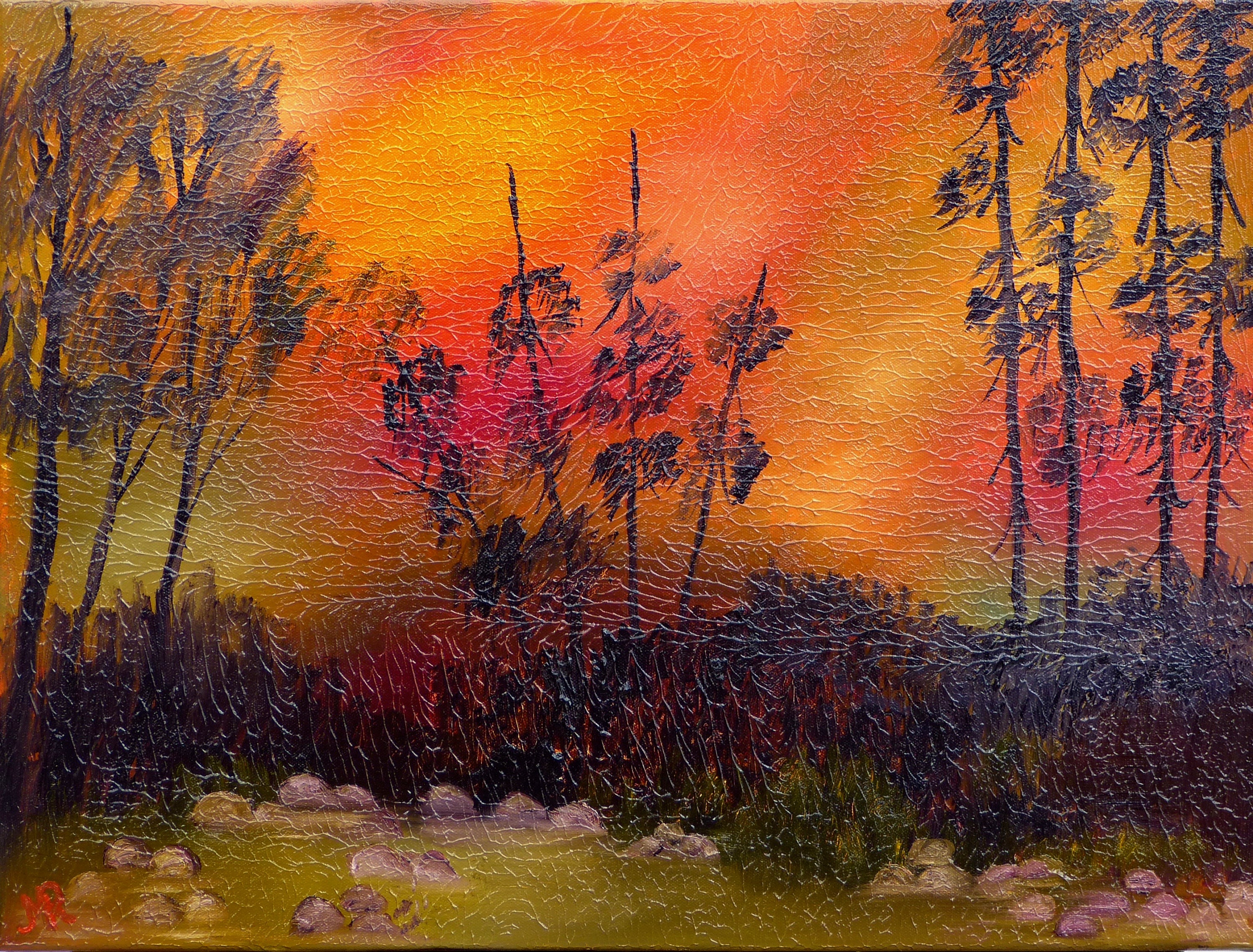 Fiery Sky Original Oil Painting of a Landscape With Trees Etsy