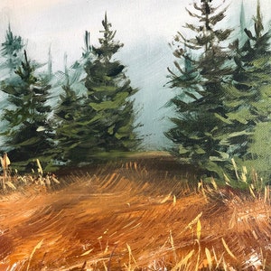 Evergreen trees in the foggy forest | Acrylic original painting