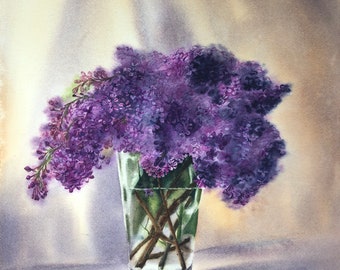 Lilac in a vase, watercolor painting original