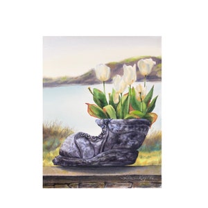 White tulips and old shoe coastal landscape, watercolor painting original