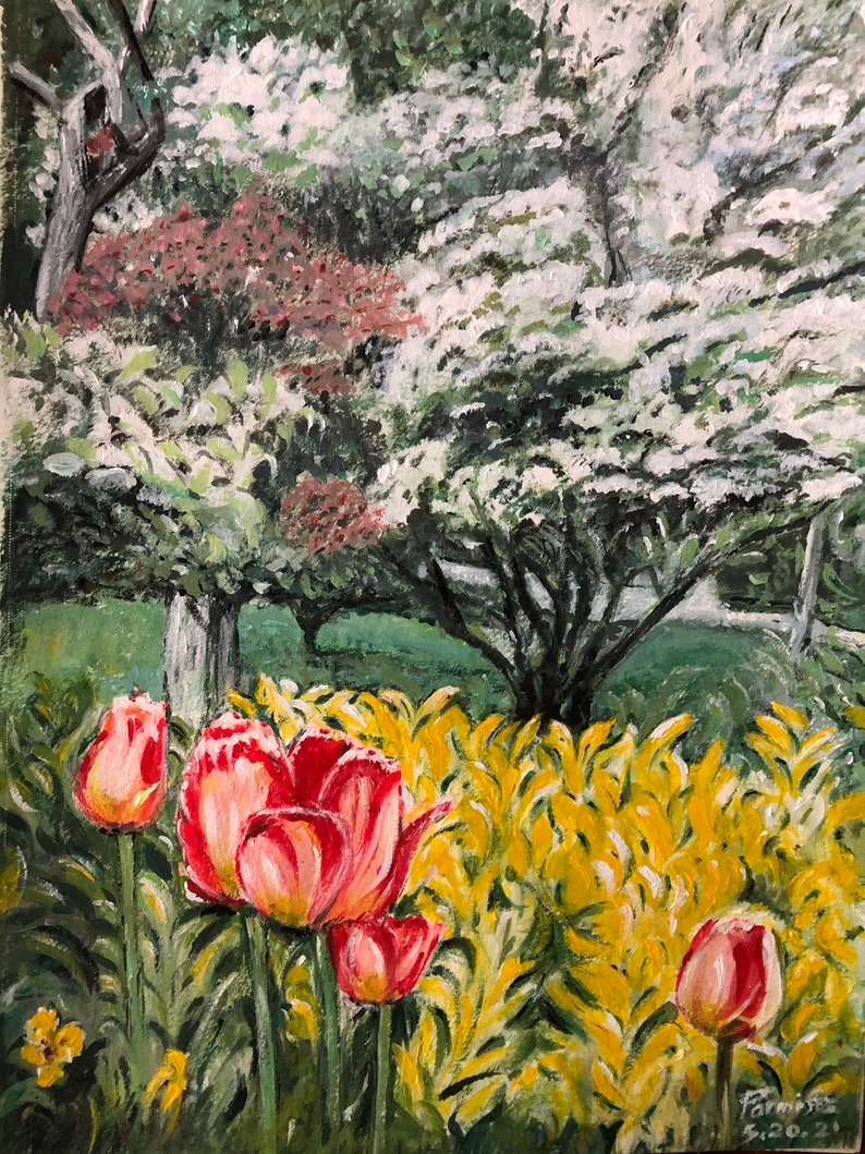 Puede incluir: Una pintura que representa una escena de jard&iacute;n con tulipanes rojos en primer plano y un &aacute;rbol de flores blancas en el fondo.
