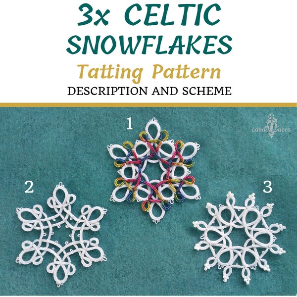 3x CelticTatting snowflake - tatting pattern PDF video tutorial Download Visual tatting pattern with description Christmas ornament tatting