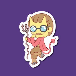 Peut inclure: Autocollant représentant un personnage de diable de dessin animé avec une peau jaune, des cheveux bruns et des lunettes rondes. Le diable porte une veste rouge et tient un trident argenté. L'autocollant a une bordure blanche et est sur fond violet.