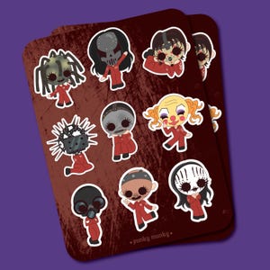 May include: A sheet of stickers featuring cartoon illustrations of band members in red jumpsuits and masks. The stickers have a white border and are on a maroon background. The text "punky munky" is at the bottom right.