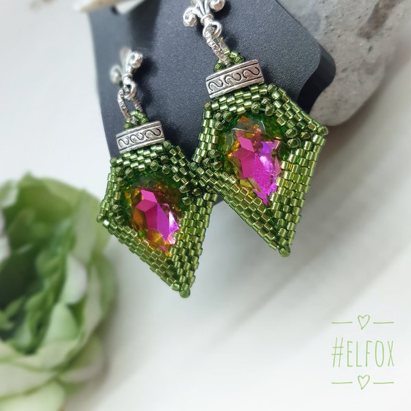 Rocailles earrings with unique crystalls, studs, Miyuki seed bead