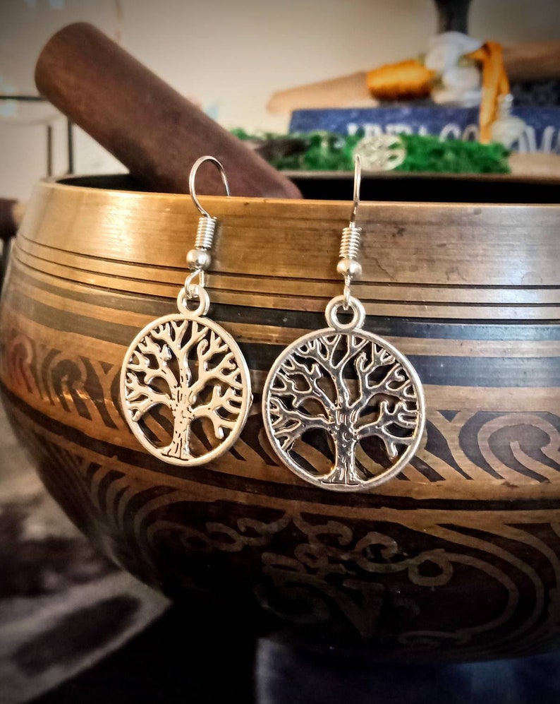 Spiritual Boho Hippie Yoga Gift idea Buddhist Bodhi Tree Family Tree Tree of Life Silver Dangle Charm Earrings Tree Earrings