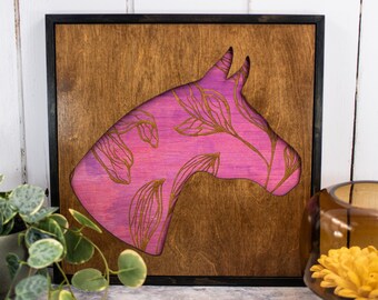 Botanical Horse Sign, Square Wood Sign, Wood Signs, Daughter Gift, Equestrian Gifts, Housewarming Gift, Boho Decor