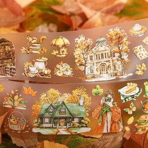 Gezellige herfstbladeren en meisjestape | Leesboeken herfstlandschap PET-tape | Benodigdheden voor collagestickers voor ongewenste dagboeken | Decoratieve tapes