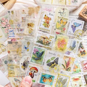 Pegatinas de PET con sellos de naturaleza vintage / Pegatinas retro con diseño de flores, plantas y mariposas para planificadores de cartas / Suministros para collages y álbumes de recortes