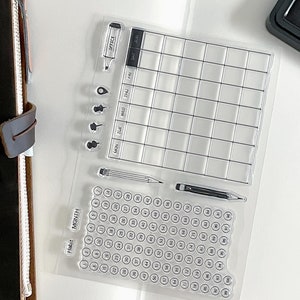 Calendario de seguimiento de hábitos, sello transparente, plan mensual, sellos de goma transparentes, rastreador de tiempo, planificador de agenda de bullet journal, suministros