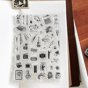 Sello transparente para pasatiempos / Mini iconos, artes, pintura, música, manualidades, películas, viajes, sellos de goma transparentes / accesorios para planificadores de diario con viñetas