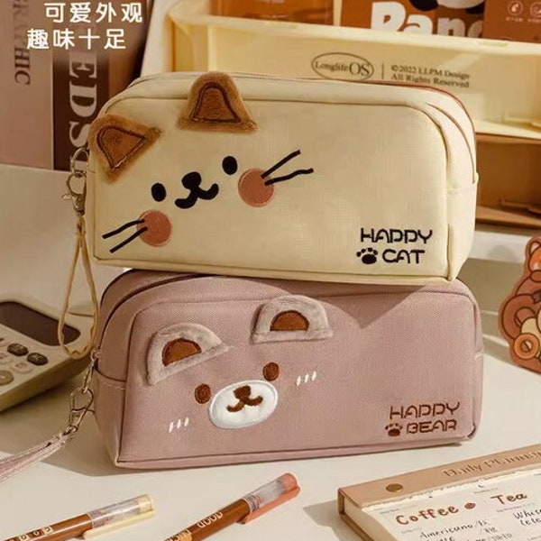 Trousse à crayons avec un chat kawaii | Étui à crayons en tissu Oxford grande capacité | Boîte à crayons petit ours dessin animé | Fournitures de papeterie pour boîte à crayons