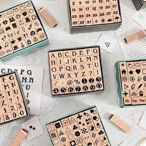 Conjunto de carimbos alfanuméricos de madeira | Carimbos com letras e números para diário | Suprimentos para scrapbooking