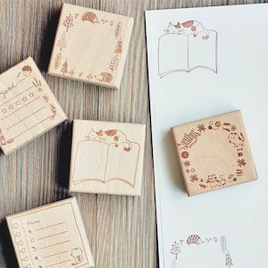 Tier Katze Holzstempel | Niedliche Memo Liste Bücher Kranz Stempel | Planer Zubehör | Stempel für Journal und Scrapbook