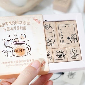 Precioso sello de goma con lista de tareas para gatos / Juego de sellos de madera con forma de gatito y café / Sello planificador para diario basura y bullet journal de Scrapbooking