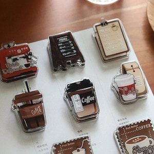 Niedliche Kaffee Acryl-Journal-Clips | Hand-Zeichnung Starke Büroklammern | Schreibwaren Journal Zubehör Planer Zubehör