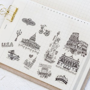 6 Sheets Travel around the World Sketch Sticker Pack / Junk Journal /  Stickers / Planner Sticker Set