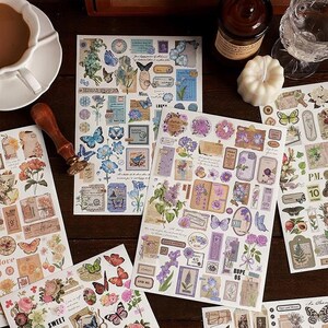 Pegatinas de mariposas y flores retro/juego de pegatinas para planificadores | Pegatinas decorativas para diarios basura, álbumes de recortes, collages y manualidades