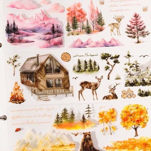 Nastro PET con paesaggio di montagna forestale / Rotolo PET con schizzi di viaggio / Nastro PET da viaggio naturalistico / Nastri PET decorativi / Forniture per collage di diari spazzatura