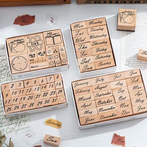 Timbro in gomma per mese, settimana, numero, meteo, piano giornaliero, umore / Set di timbri in legno retrò / Scrapbooking, diario, collage, planner, forniture per timbri