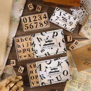 Juego de sellos alfanuméricos de madera, sellos de letras mayúsculas y minúsculas para planificadores, álbumes de recortes y viñetas.