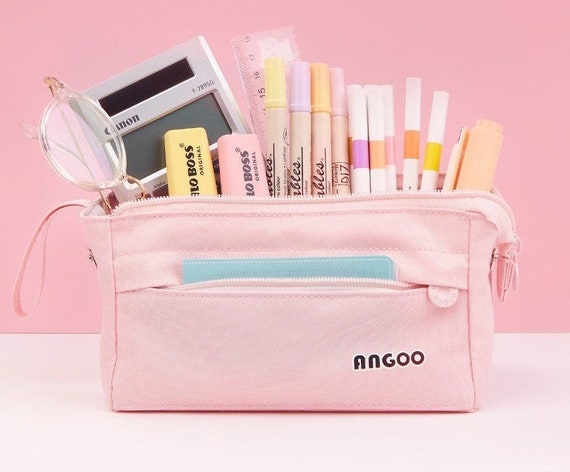 Solid/Plain Zipper Large Capacity Pencil Case Pen Pouch 3 Compartments  Stationery Bag For Middle High School College Student 