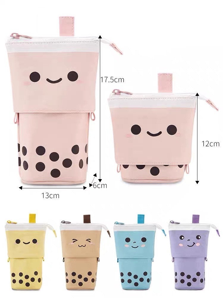 1 Set Cute Boba Milk Tea Retractable Pen Bag Pencil Holder Stationery Case  Stand Up Pencil Case For Kids Stationery Pouch Bag