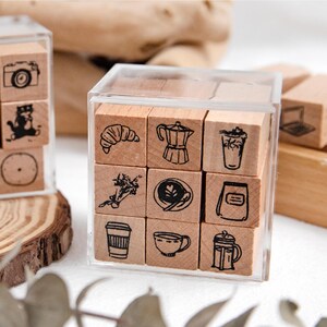9 piezas de sellos de goma con forma de café para diario/sellos de madera con forma de palo dibujados a mano/sellos de diario con viñetas para planificador diario