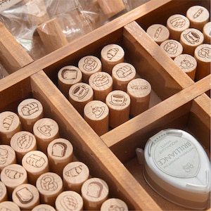 Lindo mini sello de goma de pan de café / Juego de sellos de madera dibujados a mano / Planificador de seguimiento de alimentos diario, sellos de diario de viñetas