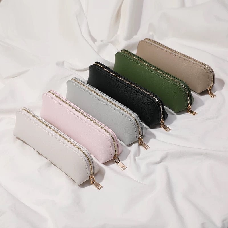 Minimal Leather Pencil Case Pen Pouch Zipper Pouch Cosmetic Bag Small Make  up Bag College School Office Supplies 