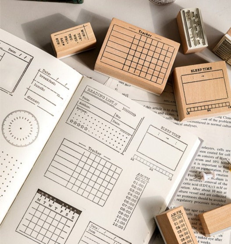 Scrapbooking Stamp\u00a0 Wooden Stamp Set\u00a0 Bullet Journal Midori Traveler\u2019s Notebook Sleep Time Tracker Rubber Stamp Planner Stamp\u00a0