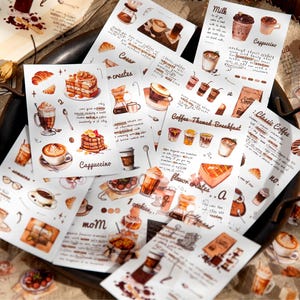 Paquete de 20 hojas de pegatinas de pan de café lindas dibujadas a mano para álbumes de recortes y diarios basura / planificadores, suministros para álbumes de recortes, manualidades y collages