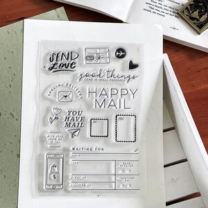 Timbro trasparente Happy Mail / Francobollo postale, spedizione aerea, consegna pacchi, timbri in gomma trasparenti / Accessori per planner, creazione di biglietti