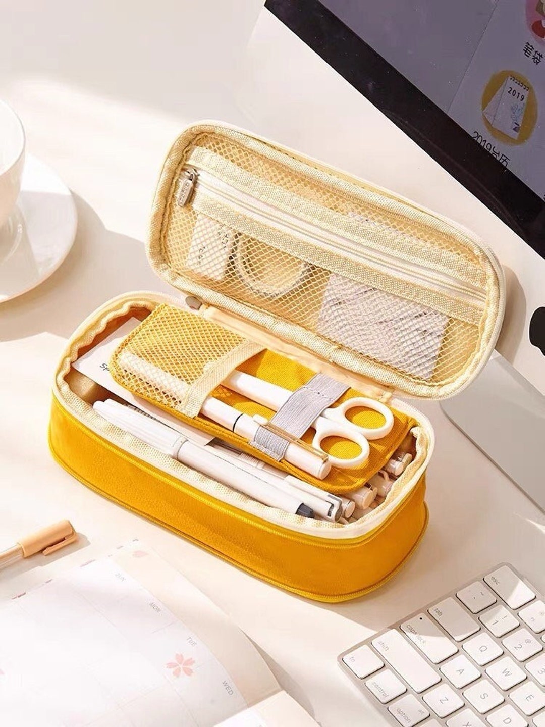 Clear Cute Pencil Case Kawaii Pencil Case Multi-Layer Aesthetic Pencil  Pouch Marker Case Holder Storage Bag (Beige)