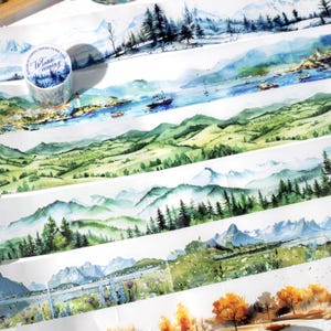 Taśma krajobrazowa Forest Mountain Lake | Taśma Washi Travel Sketches | Taśma podróżna | Taśmy dekoracyjne | Materiały do kolażu Junk Journal