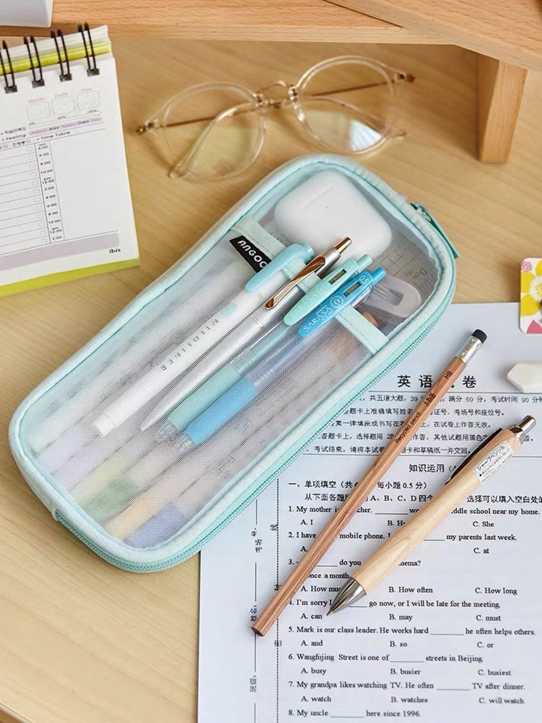 Deals! Nylon Transparent Mesh Pencil Case Pen Case,Large Capacity