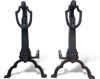 Antique Cast Iron Arts and Crafts Style Andirons, Early 20th Century