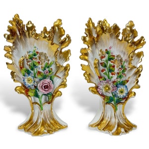 Pair of Old Paris Porcelain Flower Encrusted Spill Vases, 19th Century, 12.5&quot; Tall