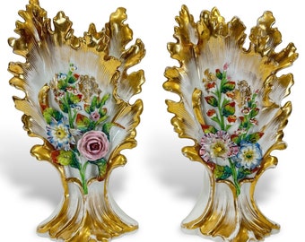 Pair of Old Paris Porcelain Flower Encrusted Spill Vases, 19th Century, 12.5&quot; Tall