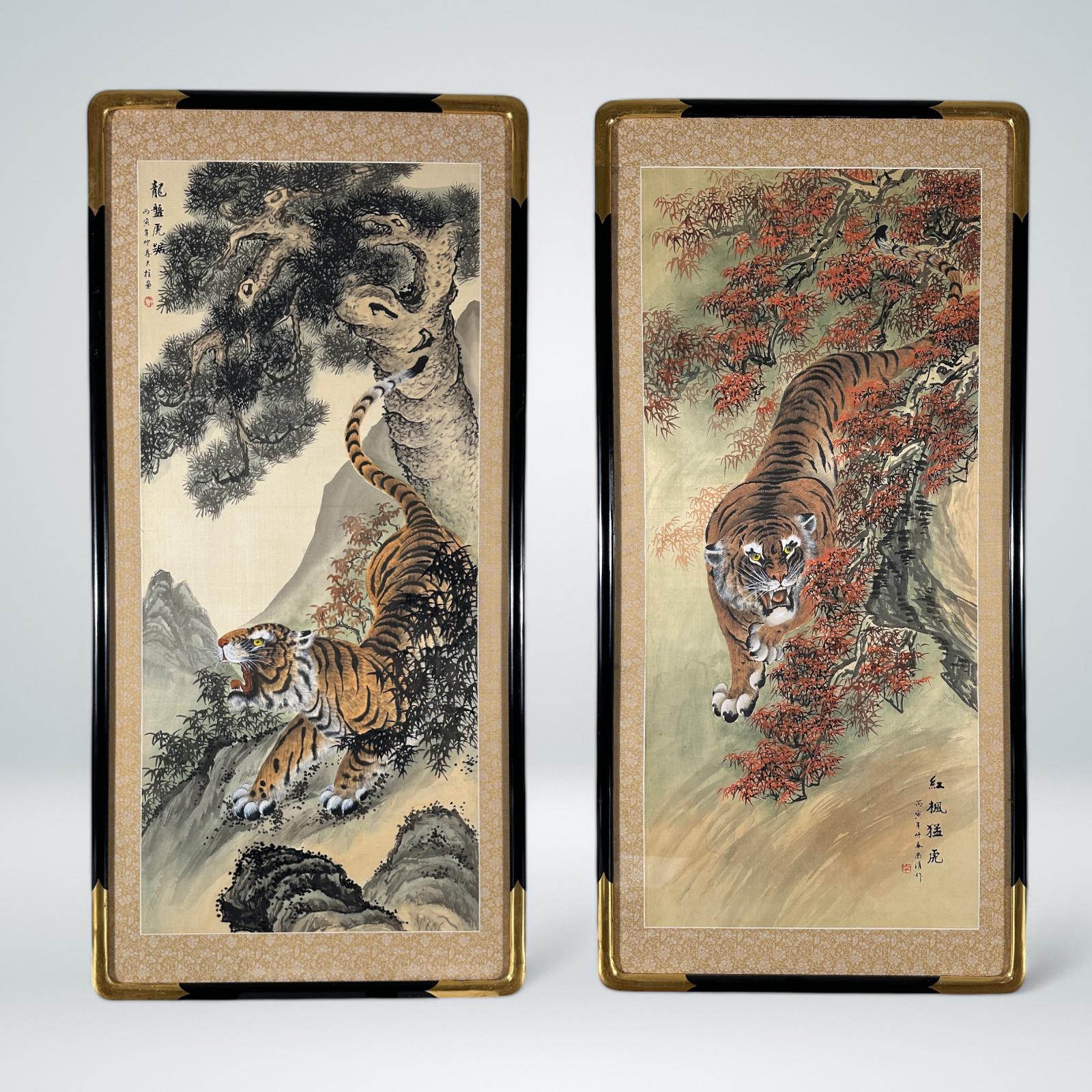 真田 武彦 油絵 (シルクロード) サイン入り Pair of Signed Chinese Tiger Scroll Paintings, Ink on Silk