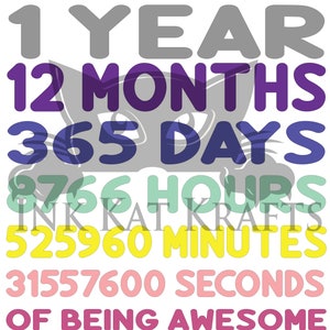First Birthday 1 Year Month Days Mins Secs of awesome SVG PNG JPeg Cricut Silhouette Sublimation Shirt Digital file Cute Rainbow glitter HTV