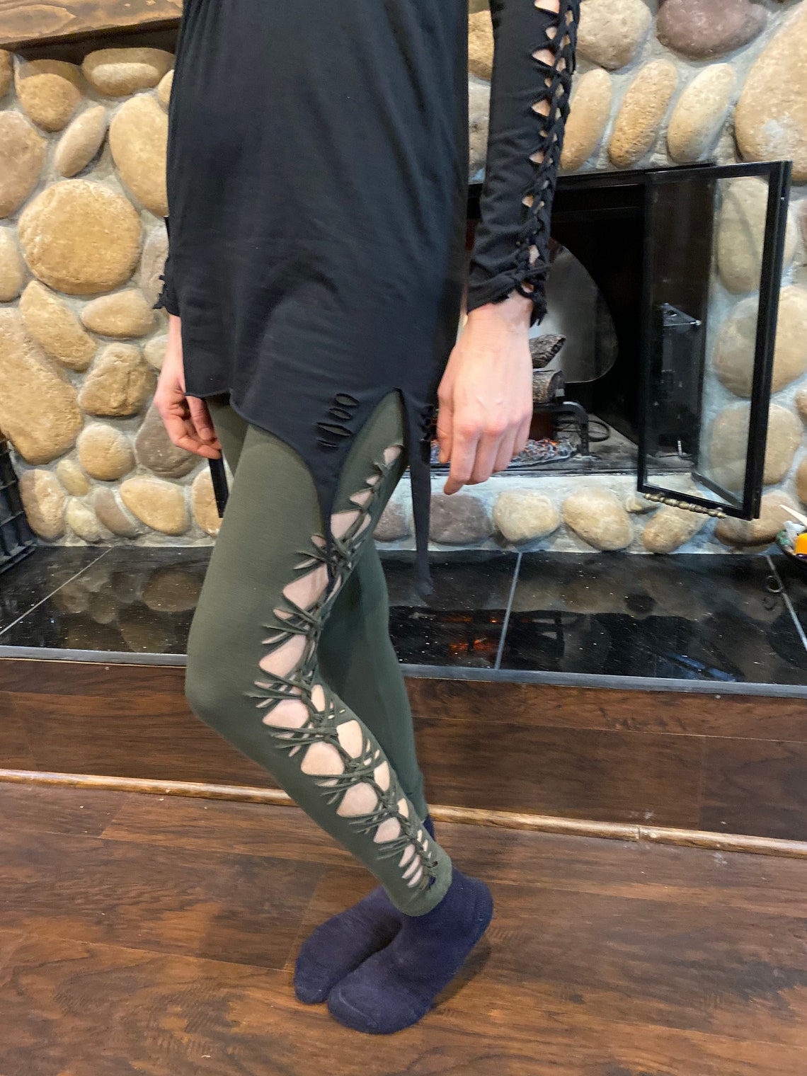 Large army green cotton leggings . cross hatch design Etsy