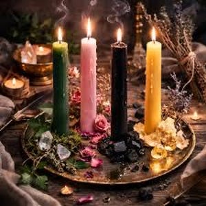 May include: Four tall taper candles in green, pink, black, and yellow stand upright on a round metal tray. The candles are surrounded by clear quartz crystals, dark stones, dried lavender, and scattered pink rose petals on a wooden surface.